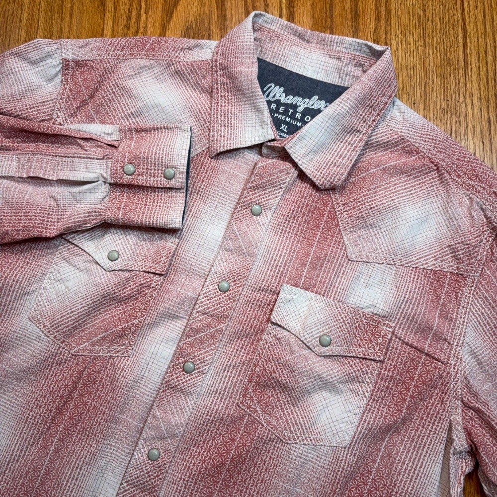 Wrangler Retro Premium Shirt Mens XL Red White Geometric Plaid Western Snap